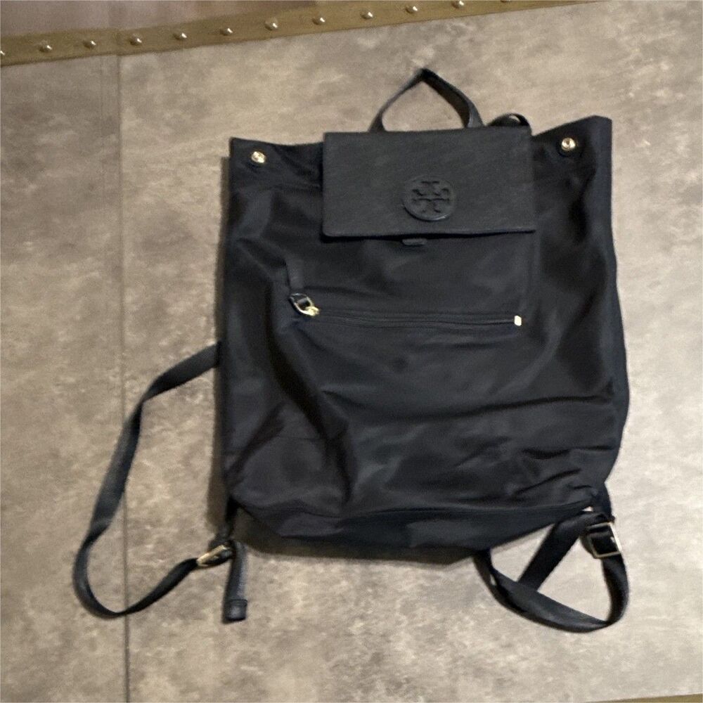 Tory Burch Black Drawstring Backpack Top Handle Gold Hardware Logo Pockets